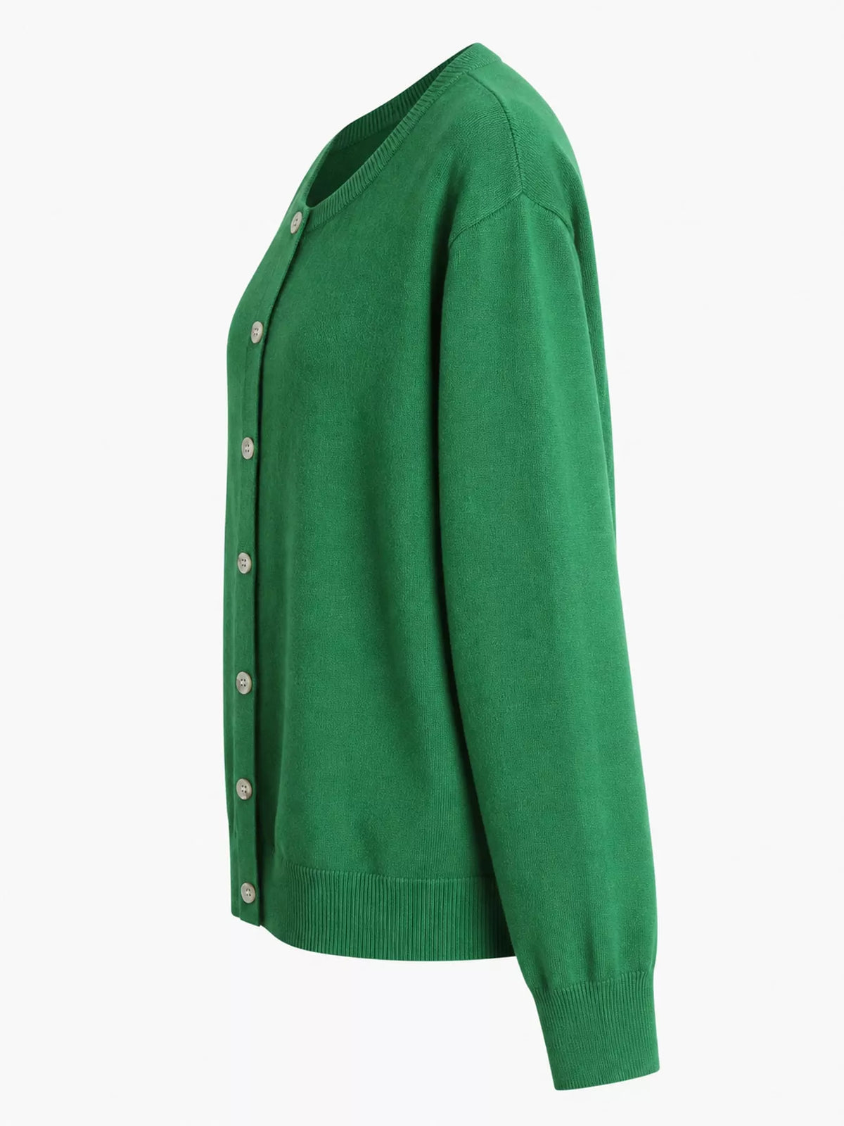 Green crew neck button down knit cardigan, side view
