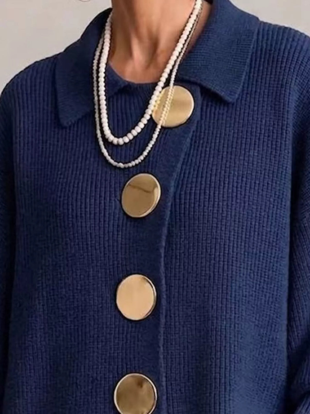 Women's Ribbed Knit Gold Buttons Cardigan in navy — collar detail view