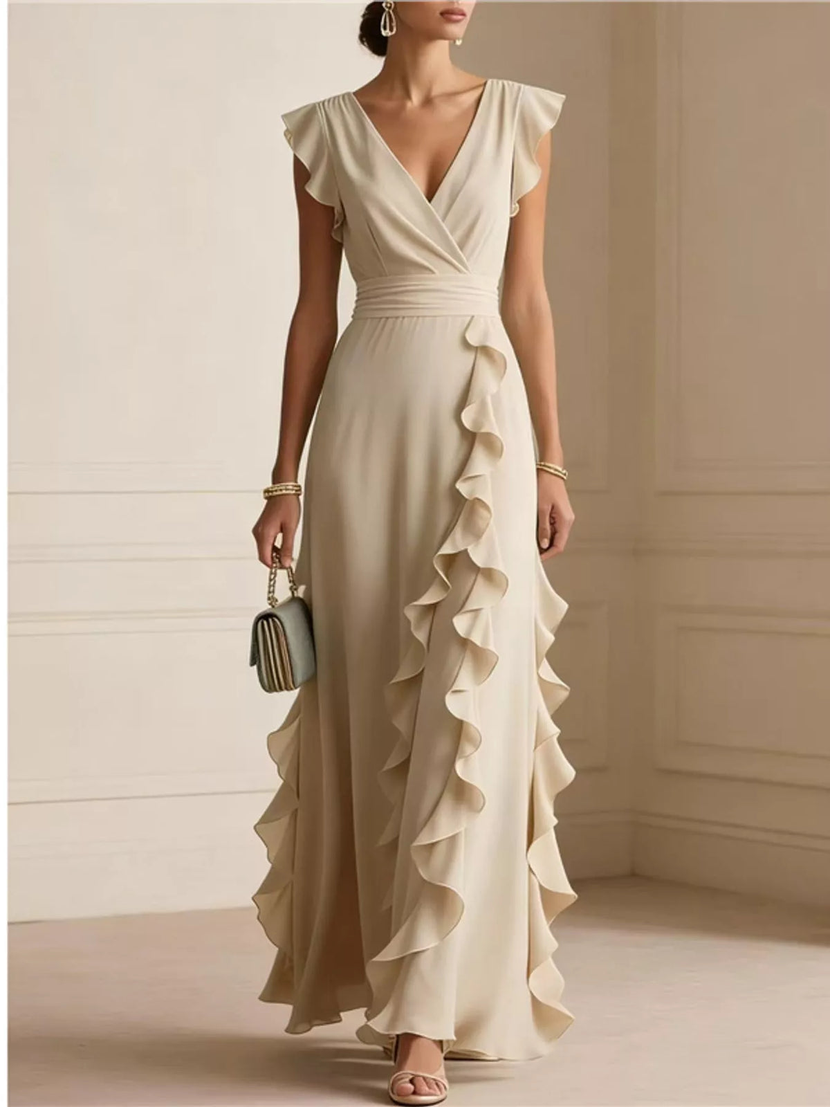 Cream ruffled surplice maxi dress, front view