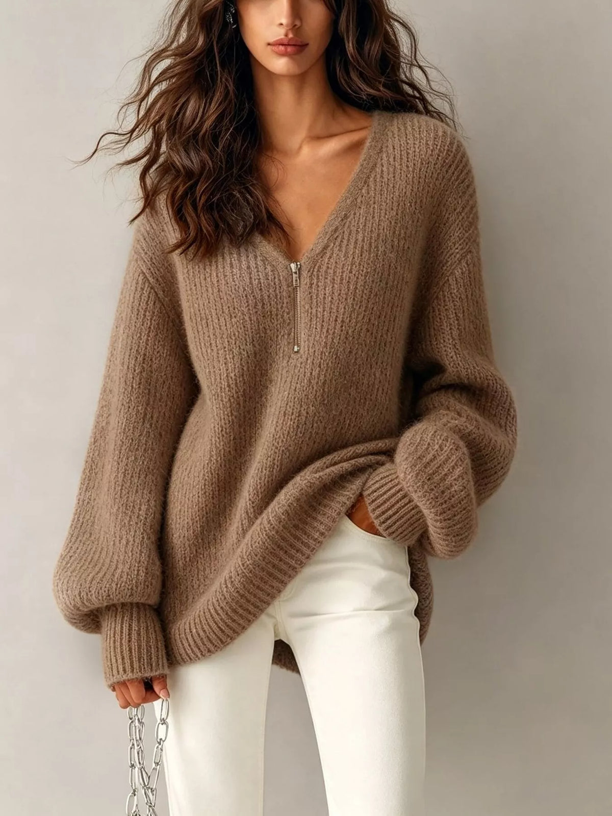 Quarter-zip sweater, brown front