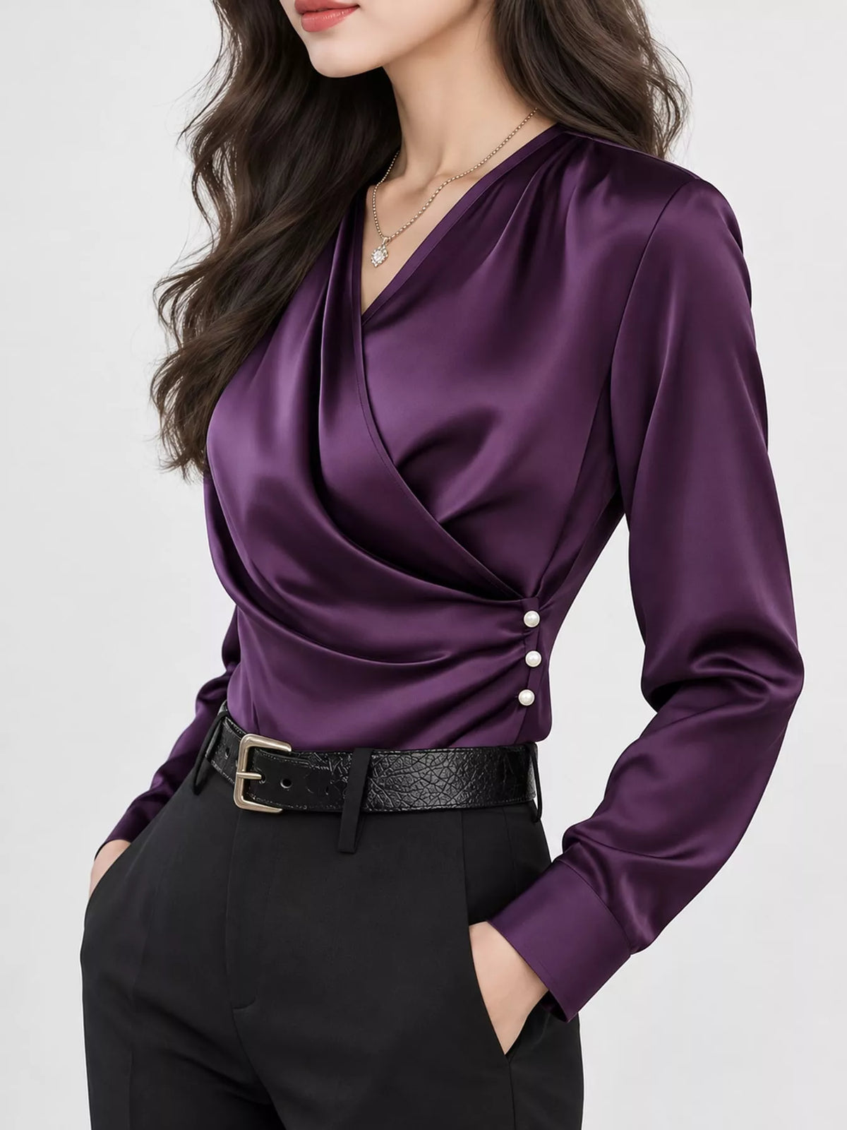 Surplice blouse, purple angled front