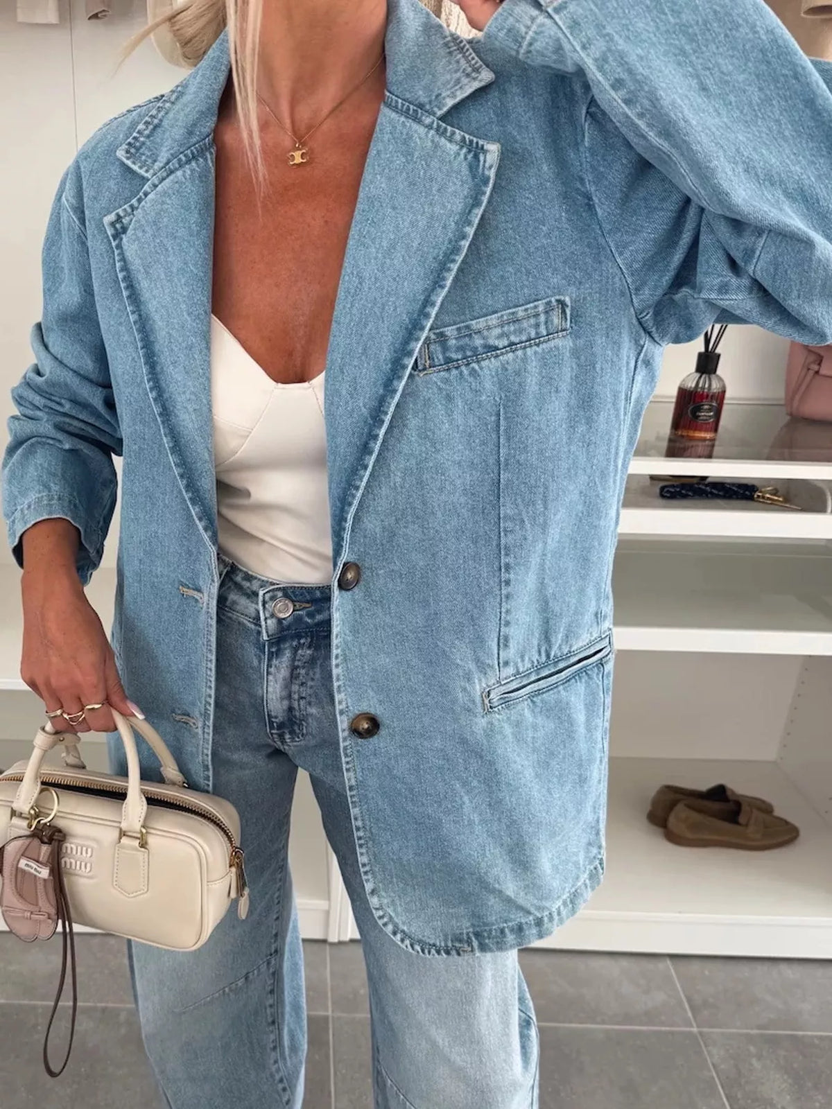 Lapel Collar Denim Blazer in light blue, front view