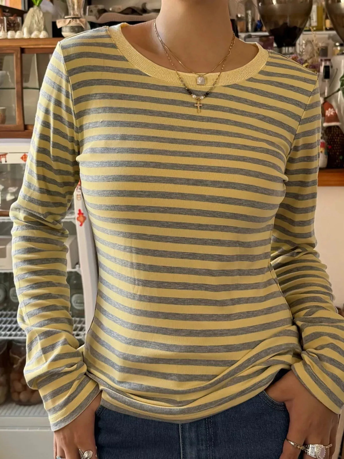 Slim-fit Striped Long Sleeve T-Shirt, front view
