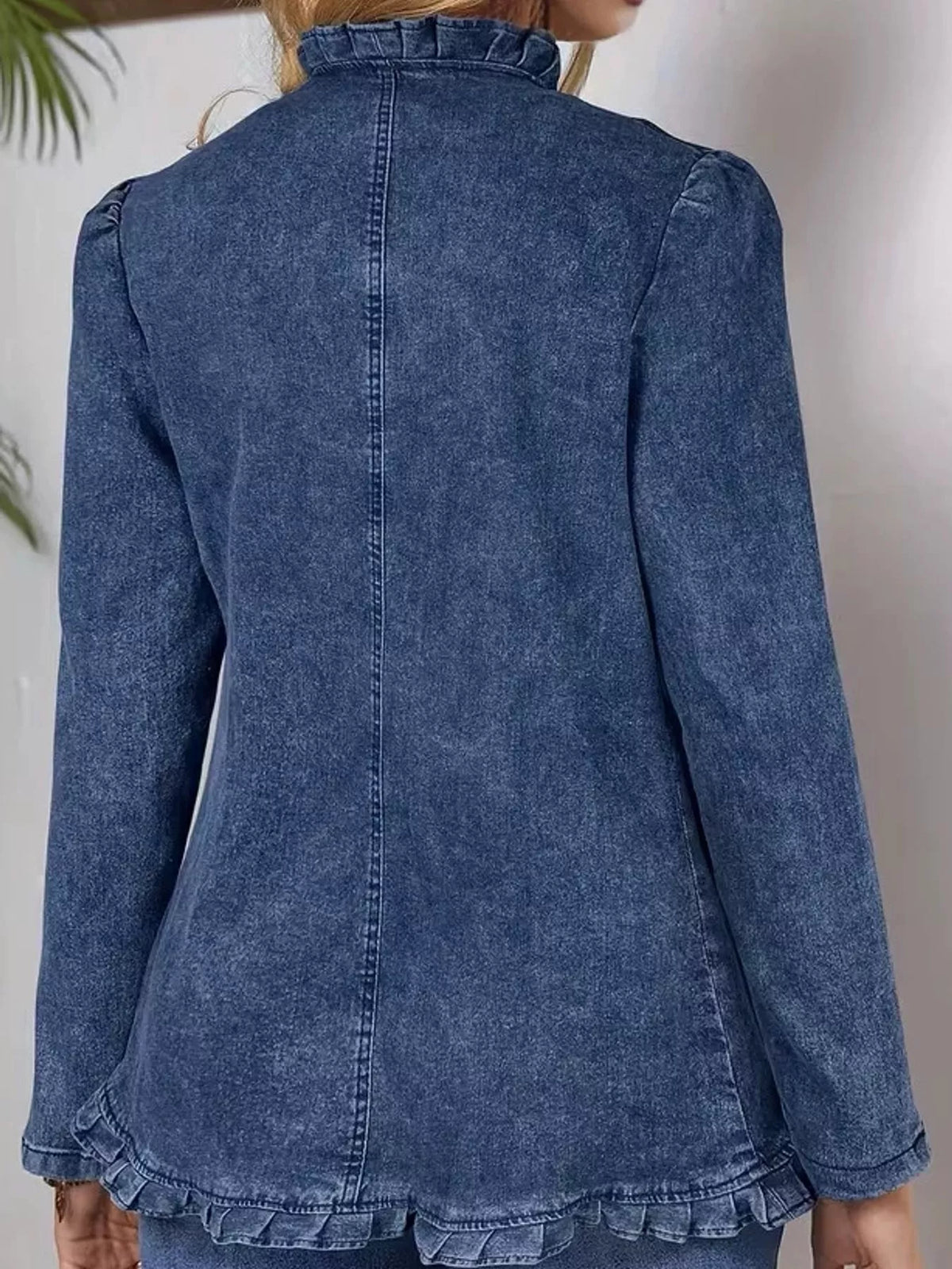 Blue ruffle trim long sleeve denim jacket, back view