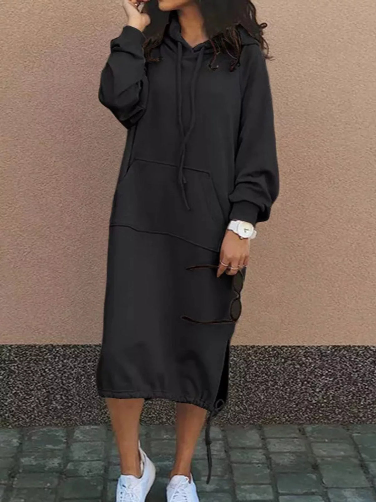 Black hooded sweatshirt midi dress with drawstring hem, front view