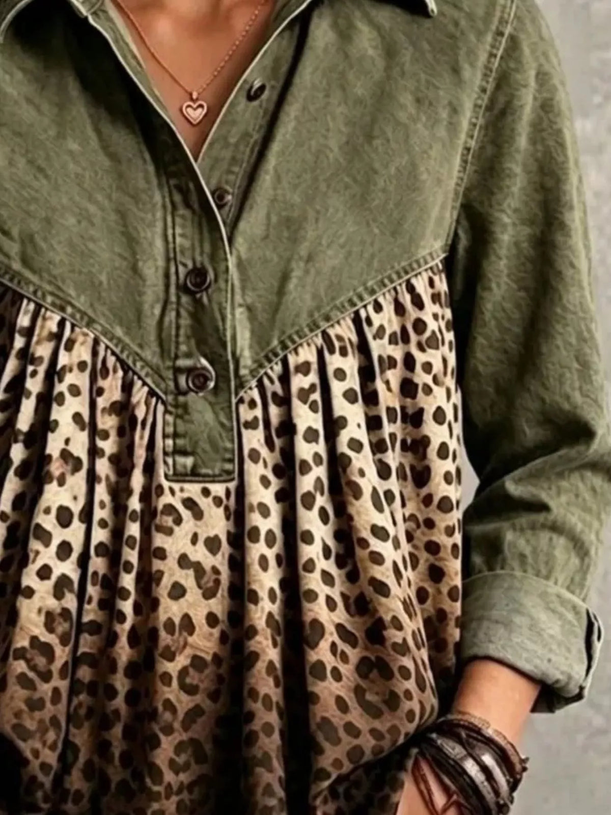 Dark green leopard-panel button-front blouse, button-placket and leopard-panel detail