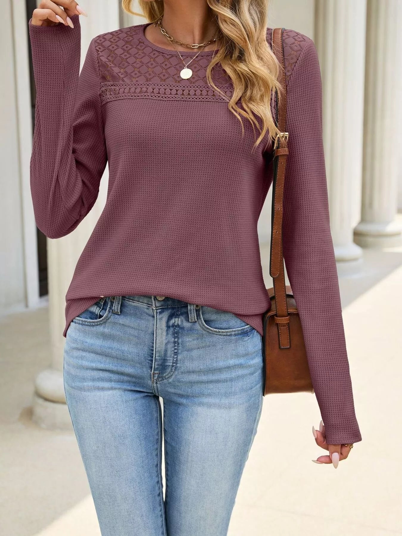 Trendsi Lace Panel Waffle Knit Long Sleeve T-Shirt -