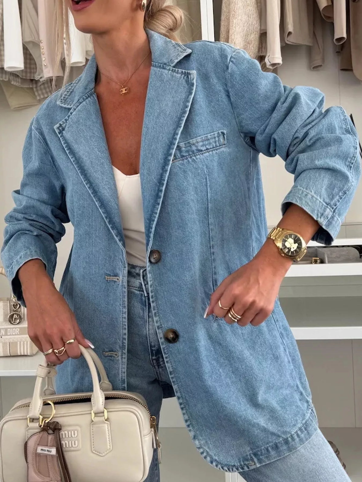 Lapel Collar Denim Blazer in light blue, front view