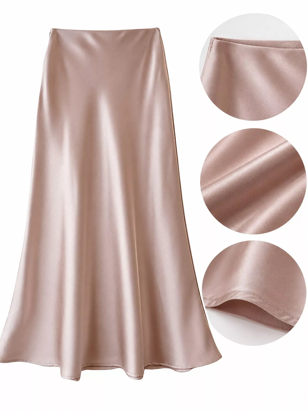 Zip-up satin skirt, pink waist fabric and hem details