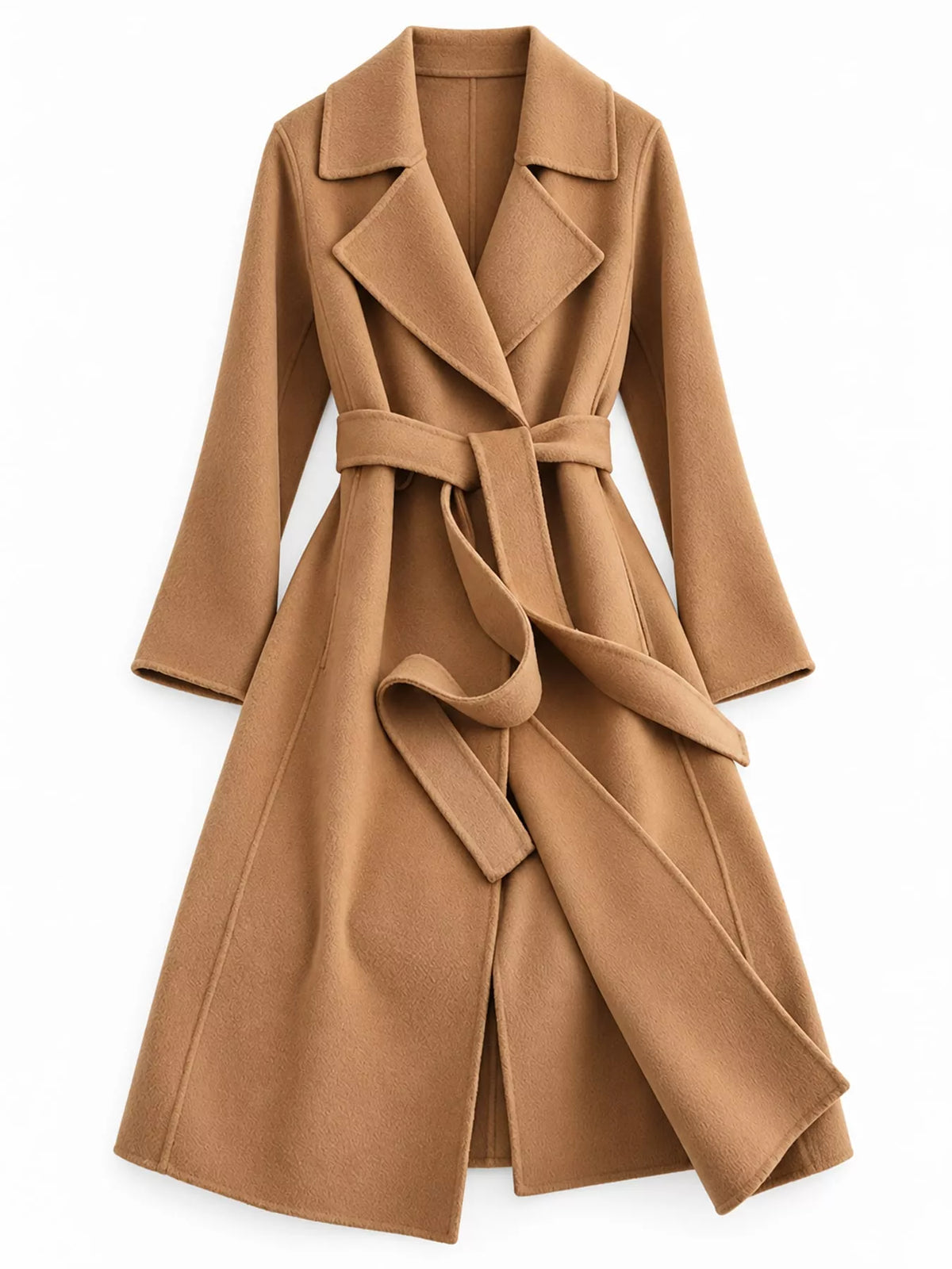 Camel belted longline wool coat