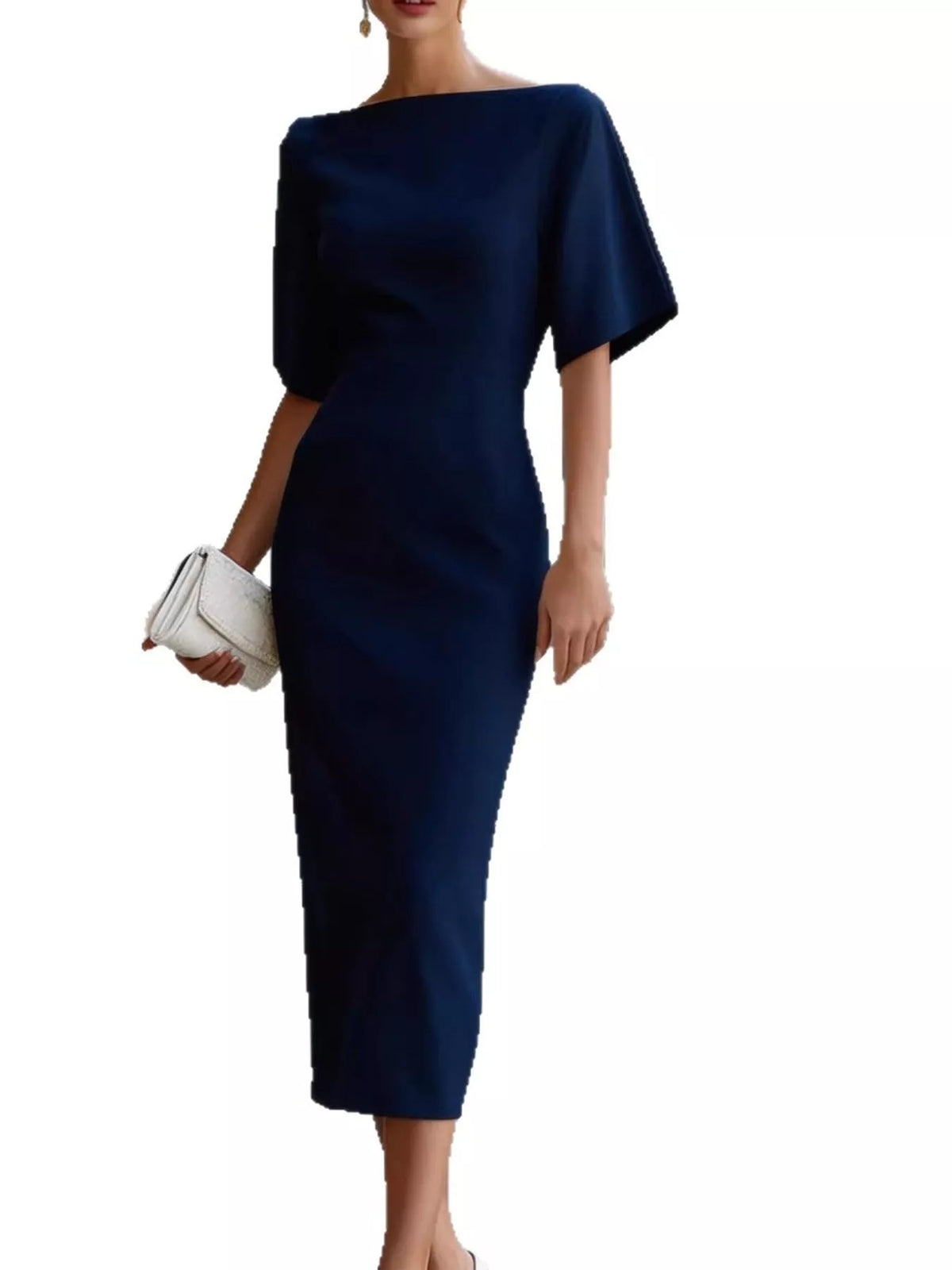 Boat neck short sleeve midi dress, front view on model