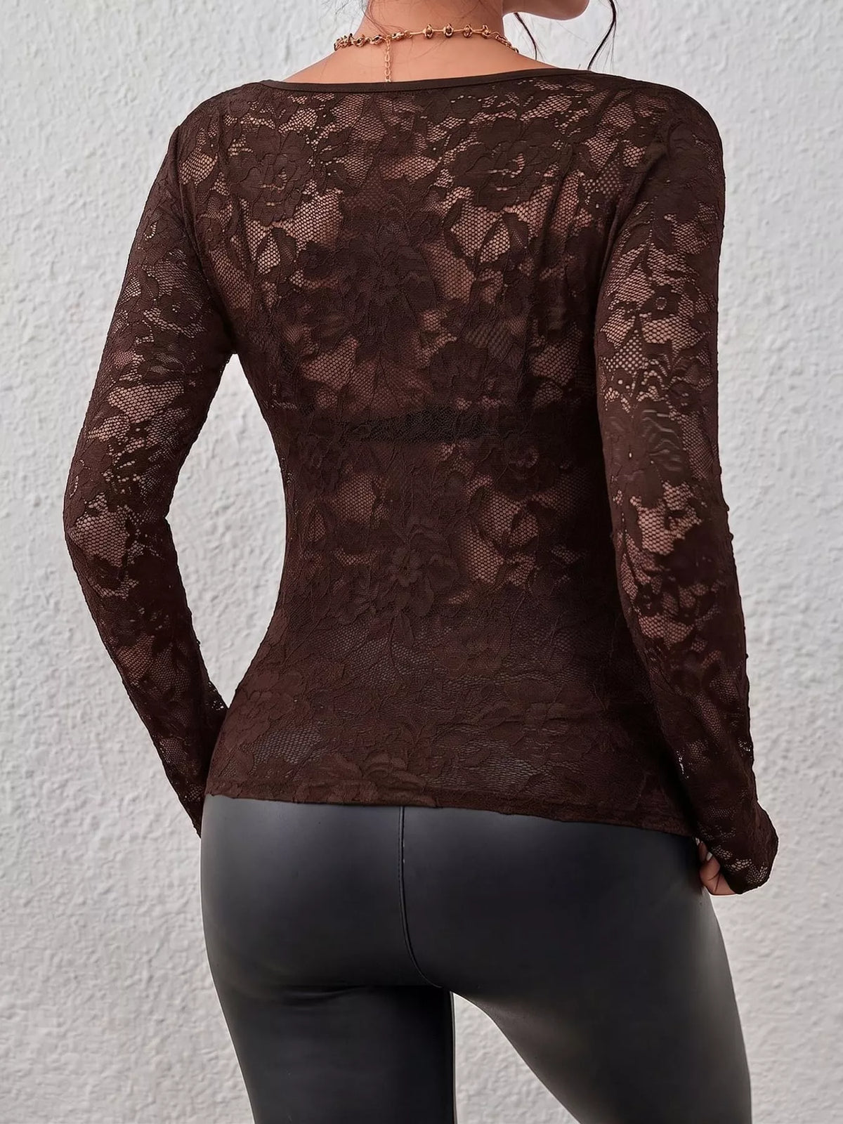 Brown sheer floral lace long sleeve top with scalloped V-neck, back view