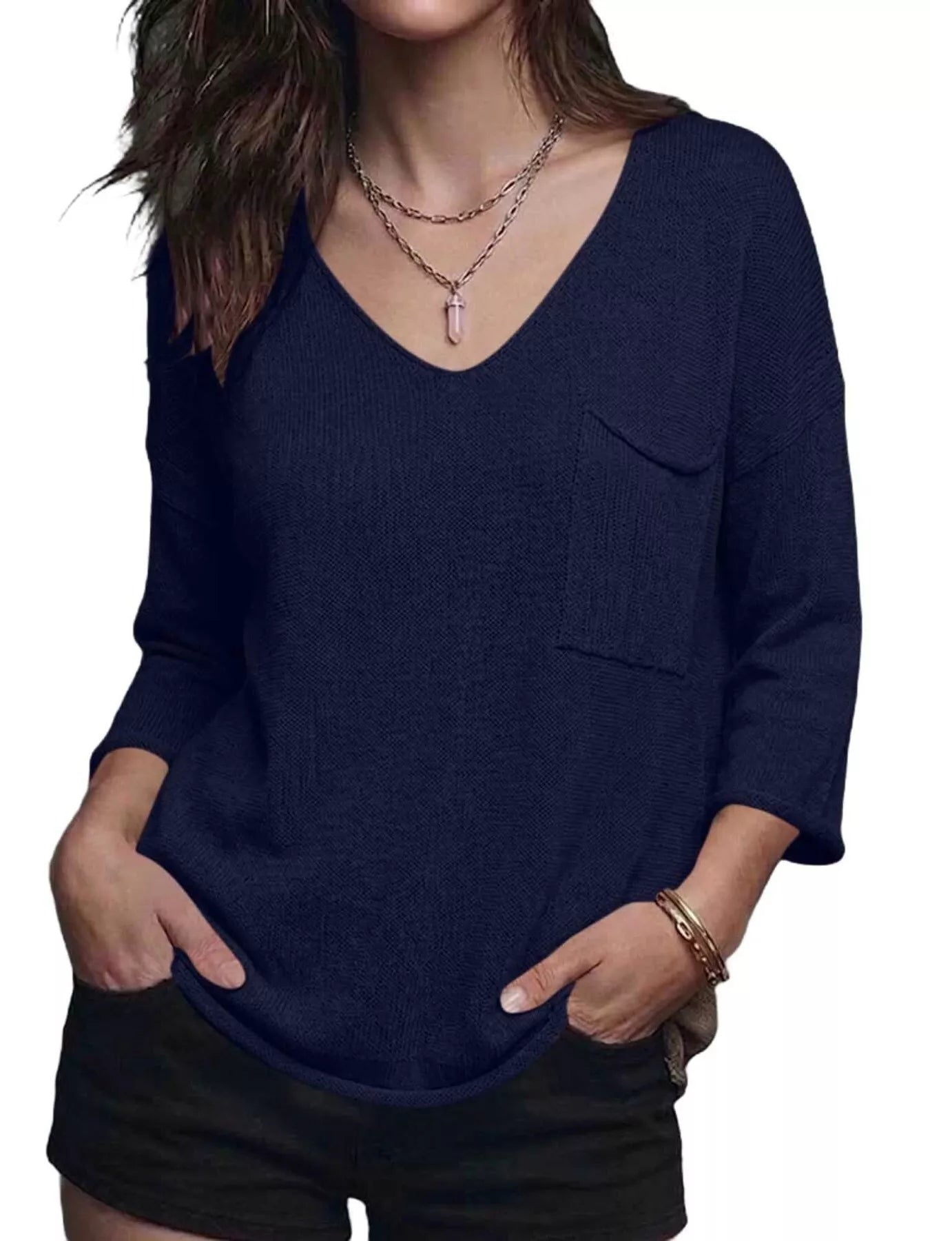 Trendsi V-Neck Chest Pocket Knit Top -