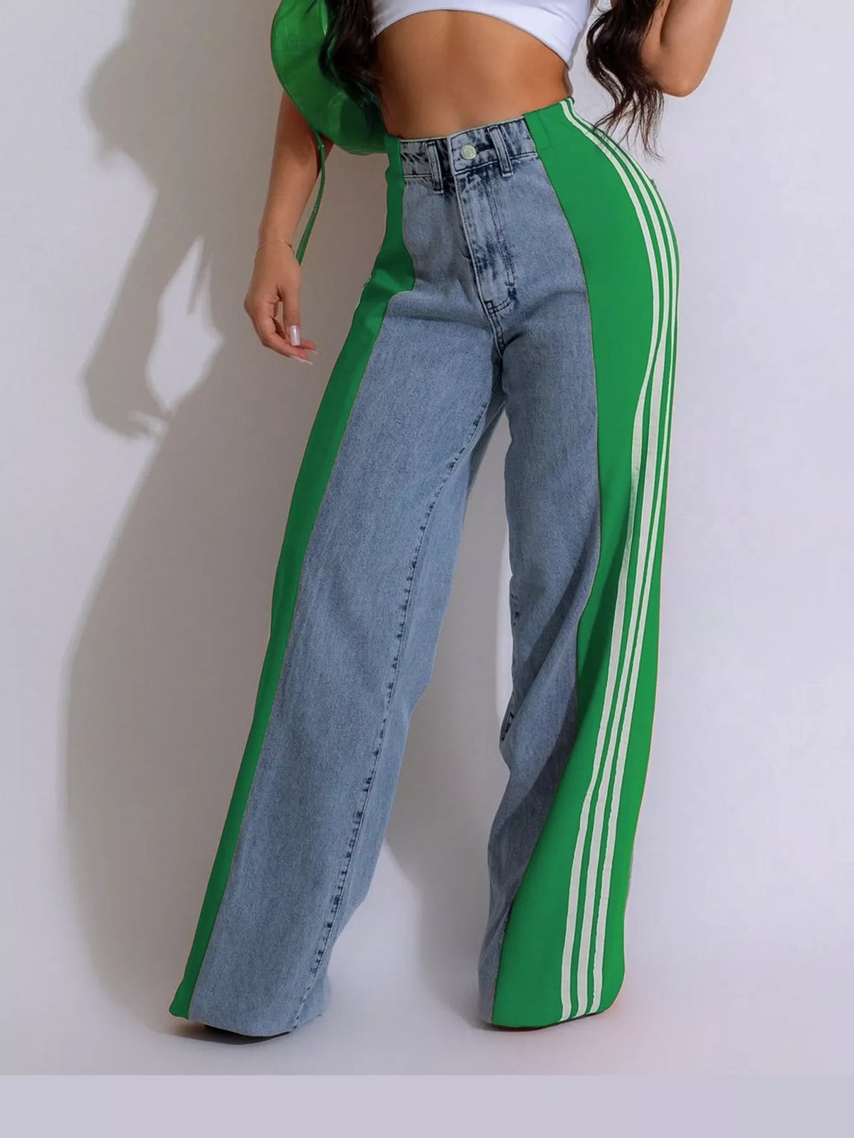 Green high-waisted wide-leg jeans with side stripe detail