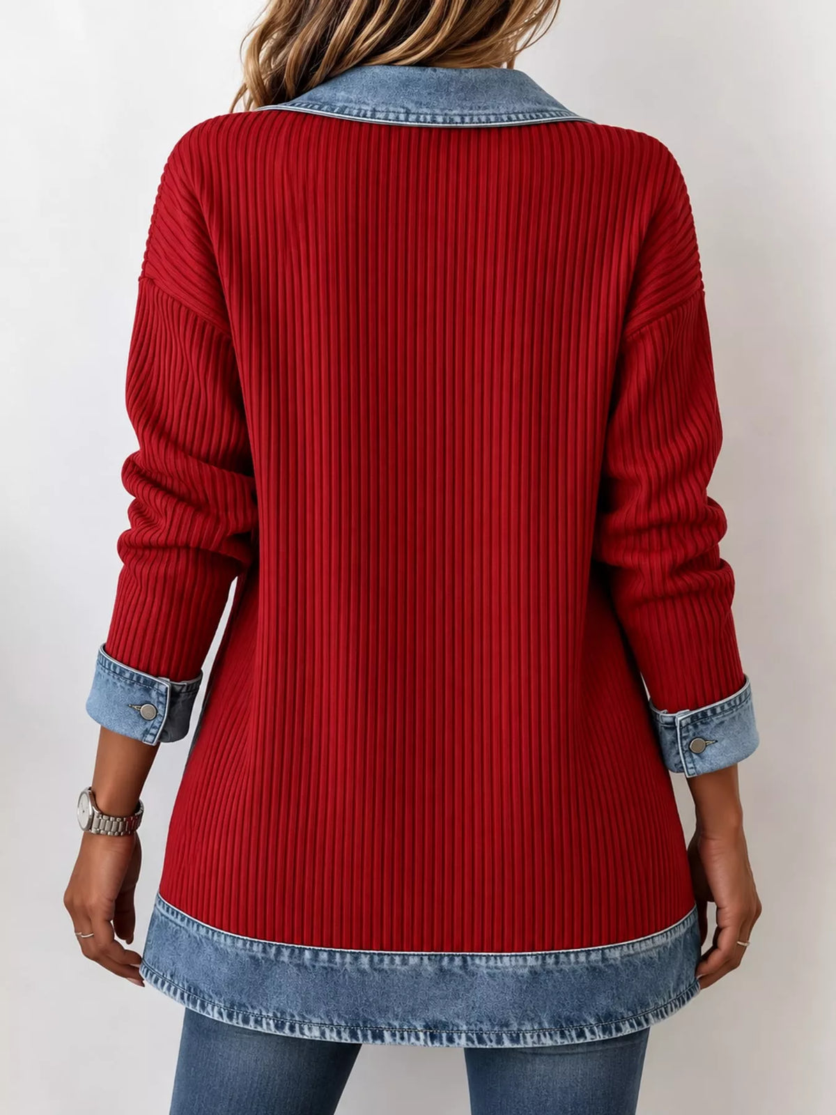 Red denim trim ribbed knit cardigan, back view