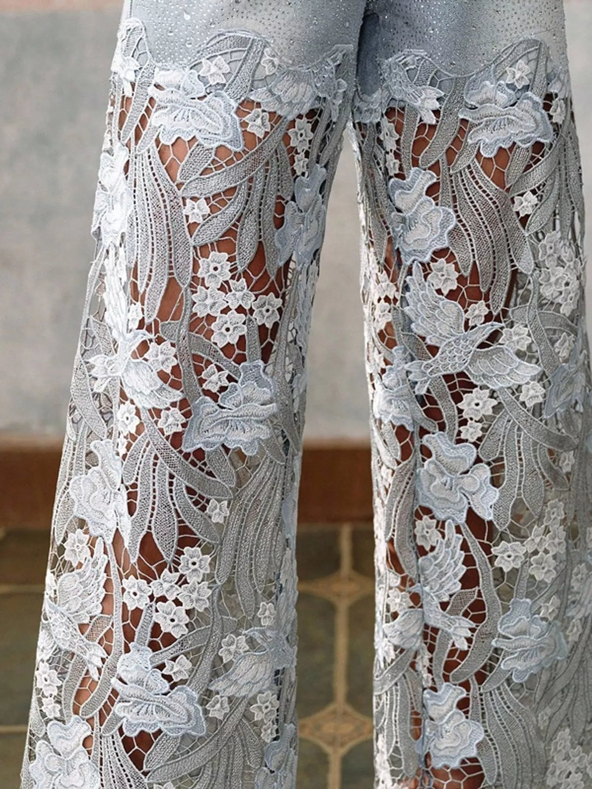 Light blue and white floral lace wide-leg jeans, lace panel detail