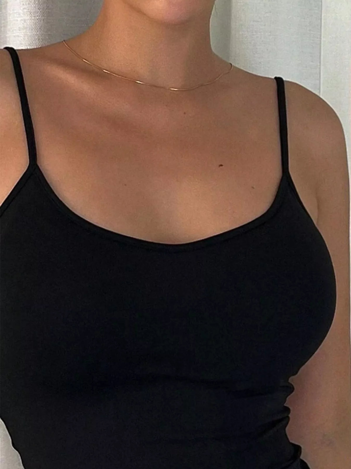 Black slim fit scoop neck cami, detail view