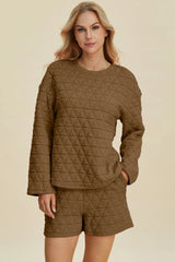 Trendsi Double Take Full Size Texture Round Neck Long Sleeve Top and Shorts Set - Shorts