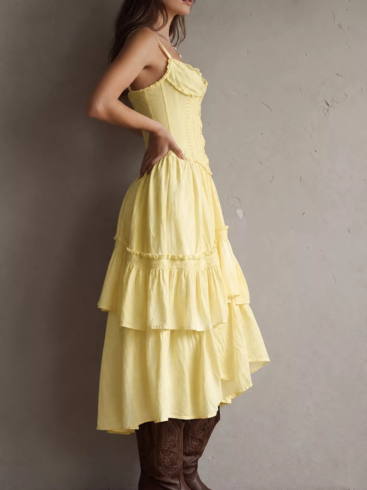 Layered Ruffle Midi Dress, back view in yellow