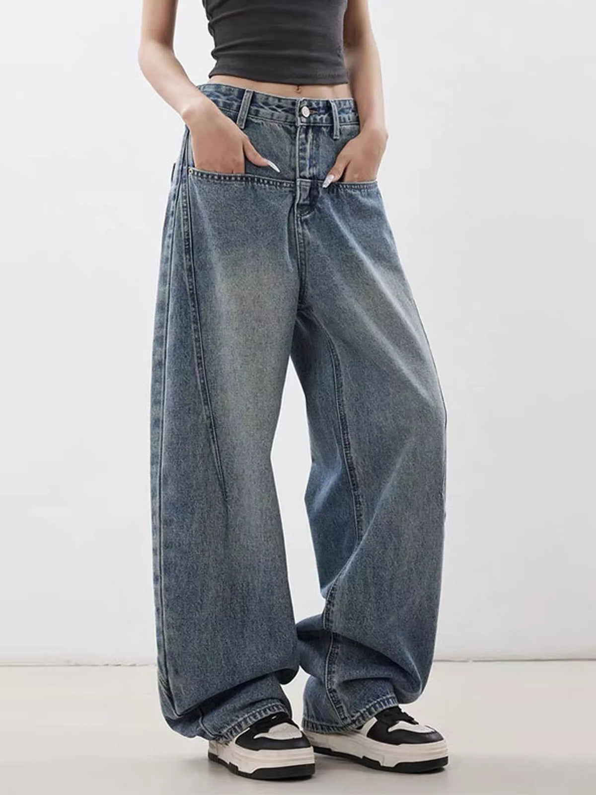 Blue wide leg baggy jeans, front view