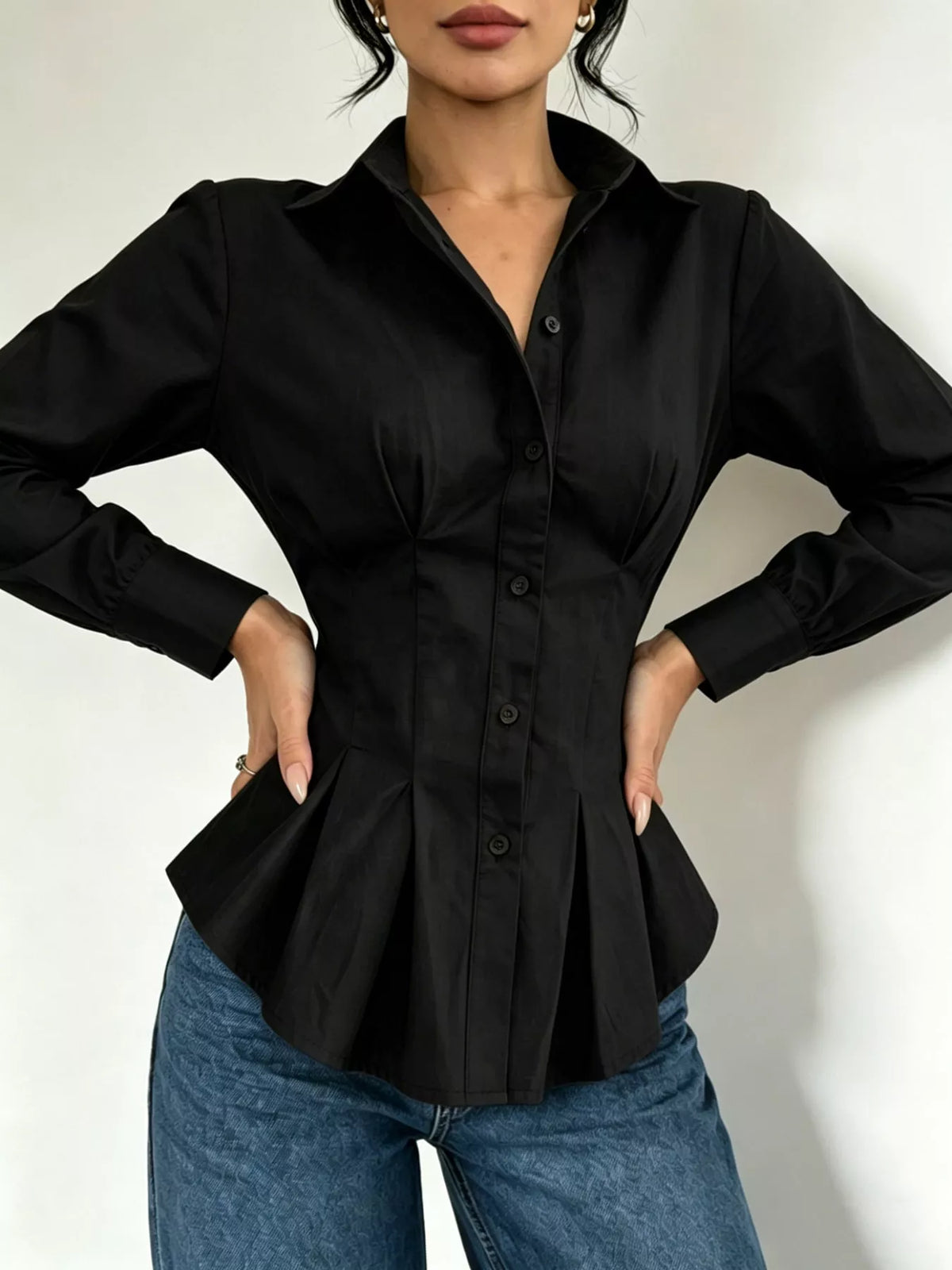 Button-Down Peplum Blouse with Fitted Waist, front view