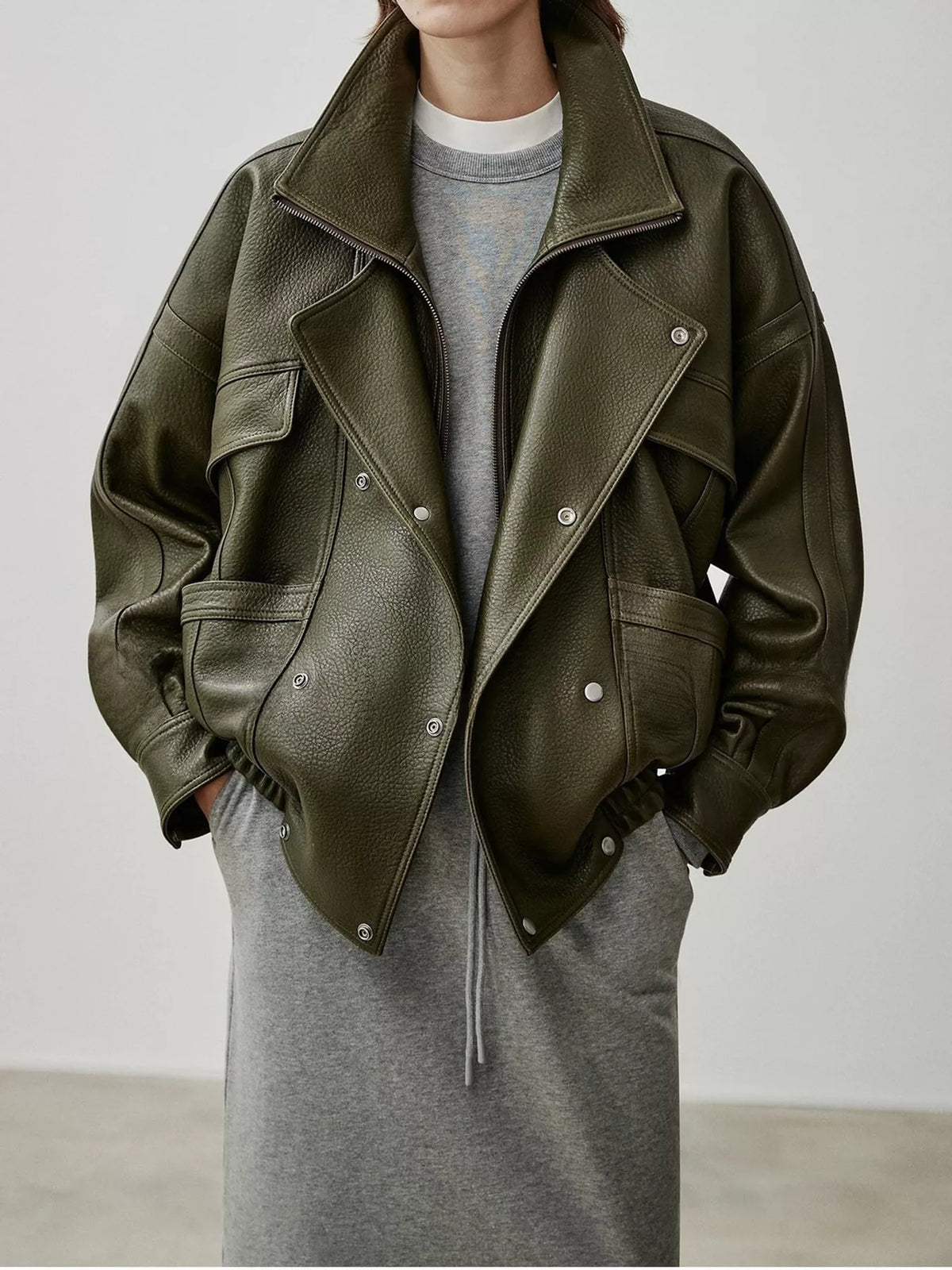 Snap Down Leather Jacket in dark green, front view