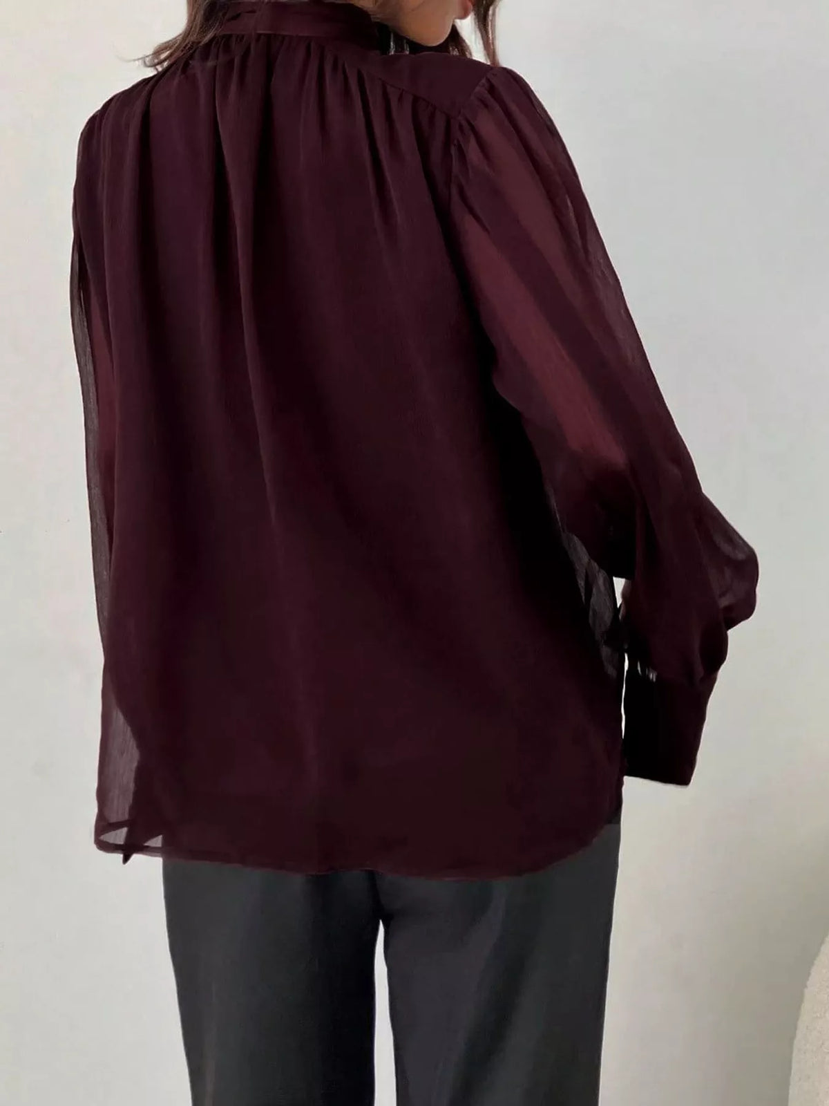 V-Neck Long Sleeve Chiffon Blouse, back view in magenta