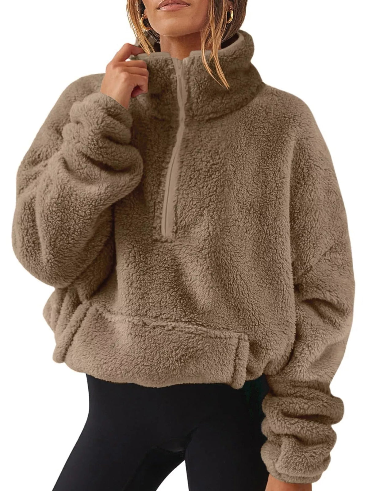 Sherpa quarter-zip sweatshirt, tan front