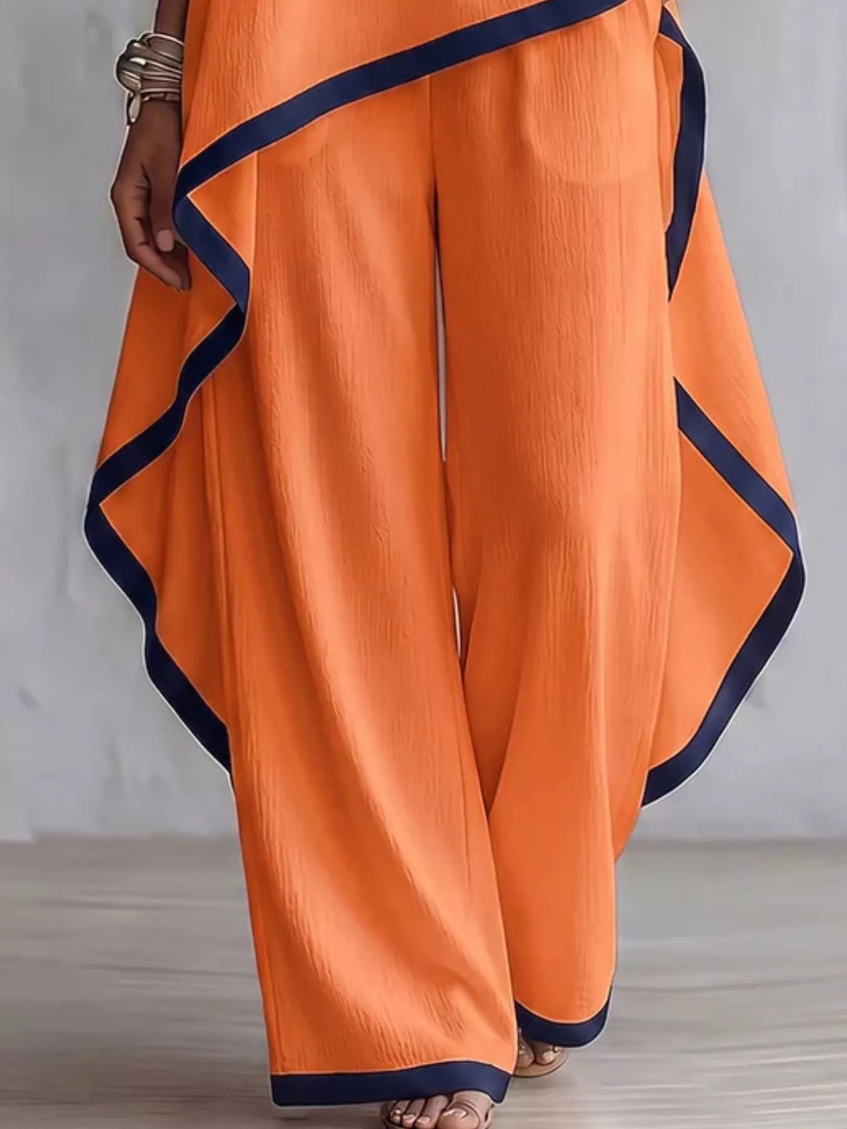 Orange contrast-trim top and pants set, wide-leg pants detail