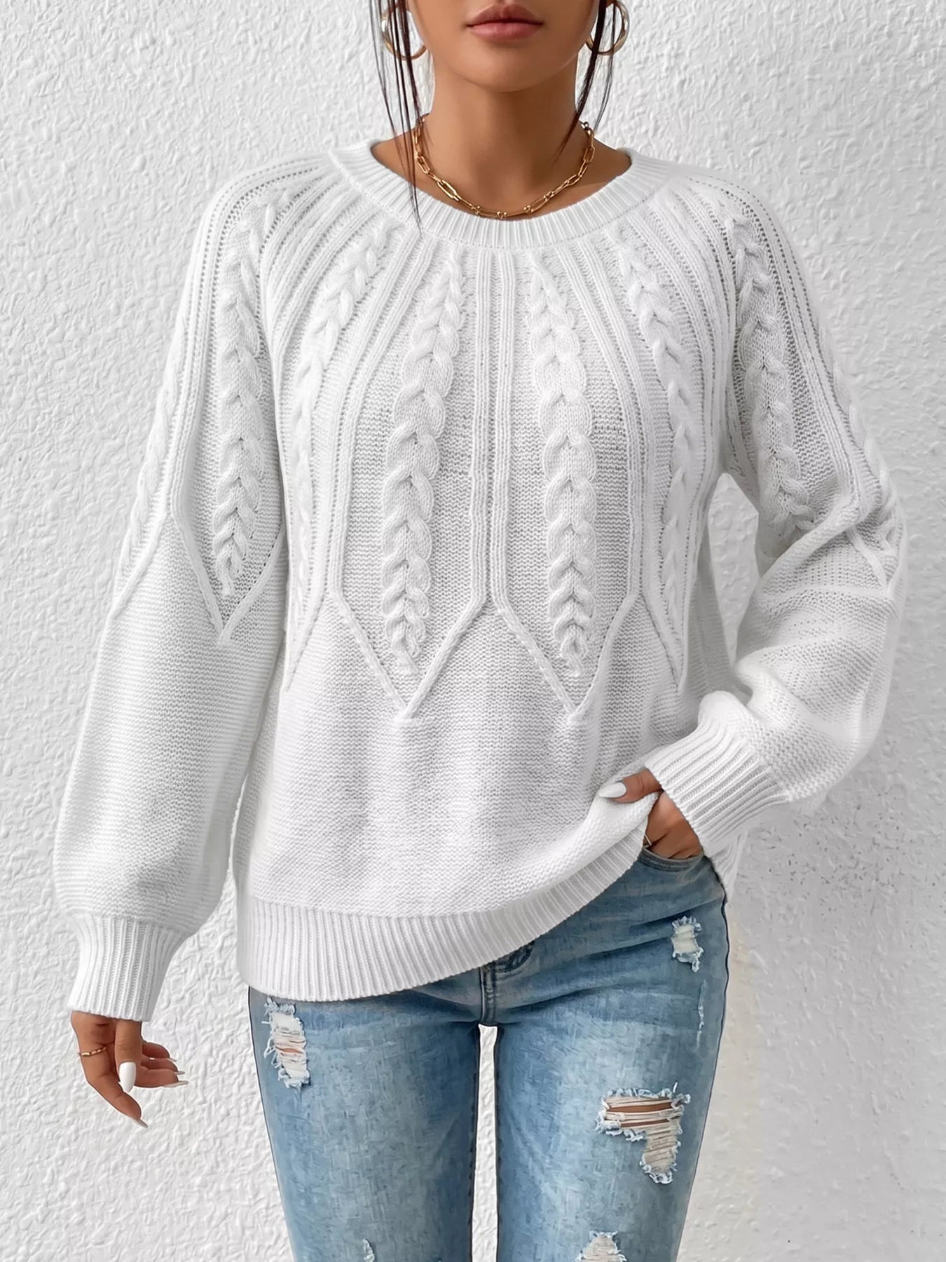 Trendsi Cable-Knit Round Neck Sweater -