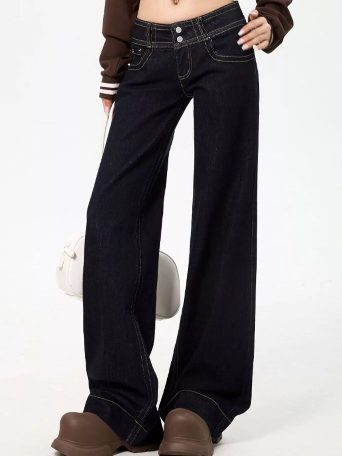 Black low-rise wide-leg jeans — front view