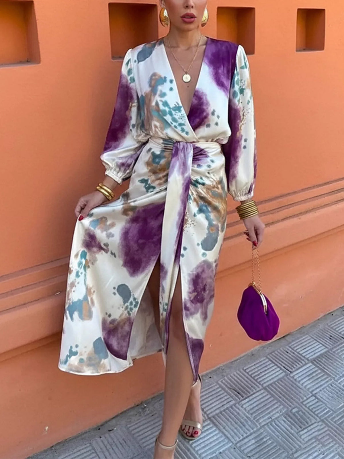 Abstract-print tie-waist midi dress