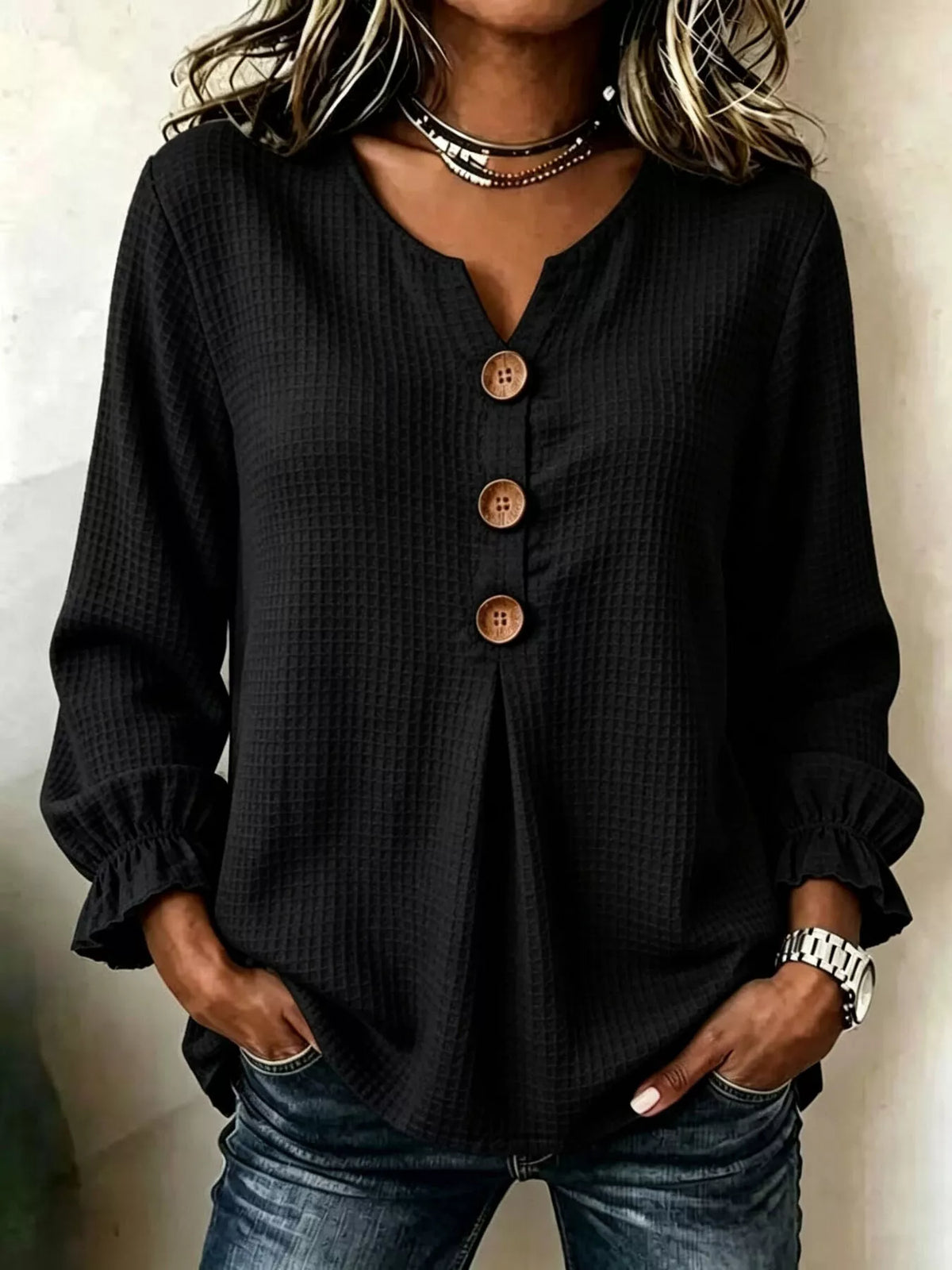Waffle-knit long sleeve top