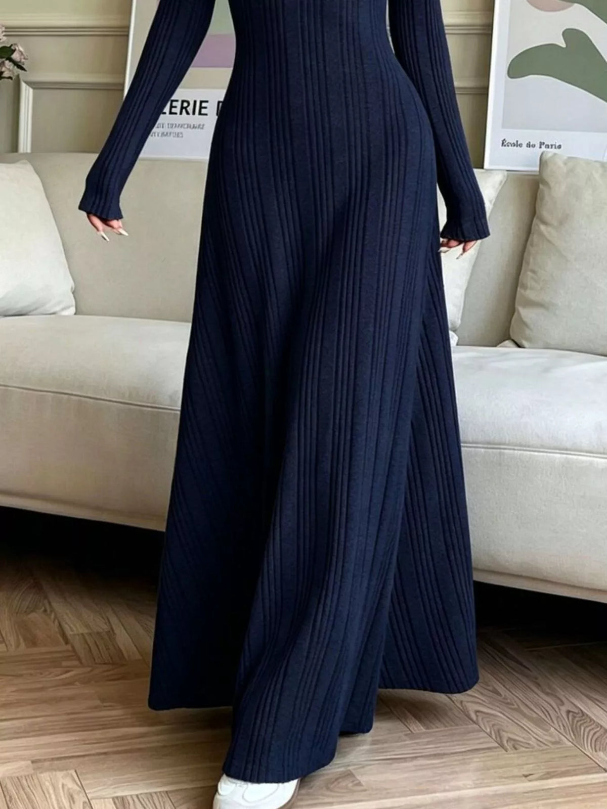 Navy ribbed long-sleeve dress, skirt detail