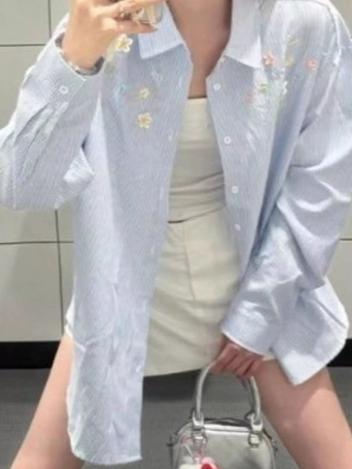 Striped Floral Embroidered Oversized Shirt in blue and white