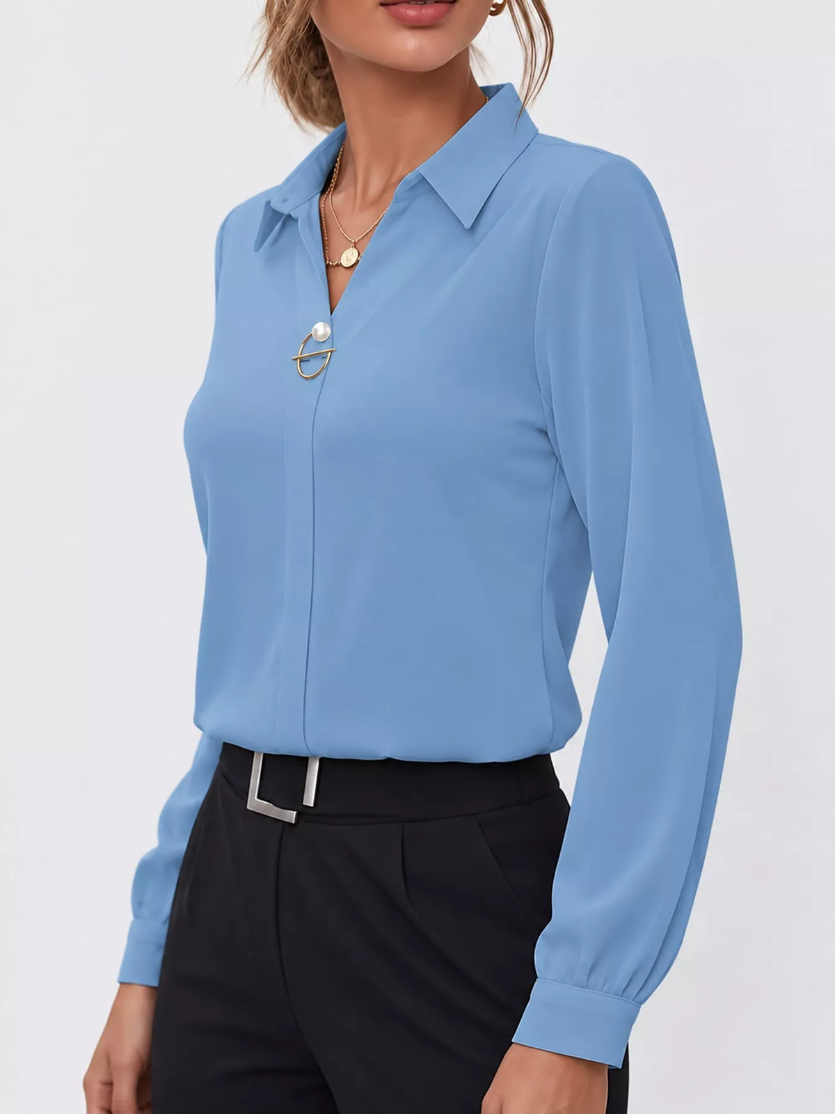 Women's Collared Clasp Detail Long Sleeve Satin Blouse in light blue — front view