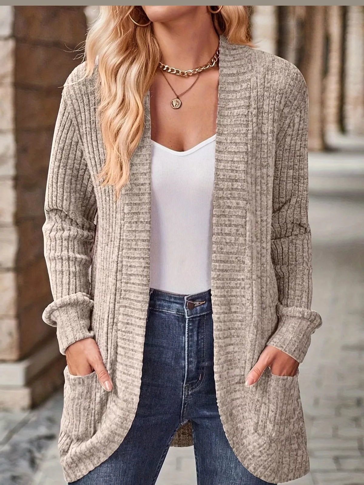 Ribbed Knit Open Front Cardigan with Pockets — front view