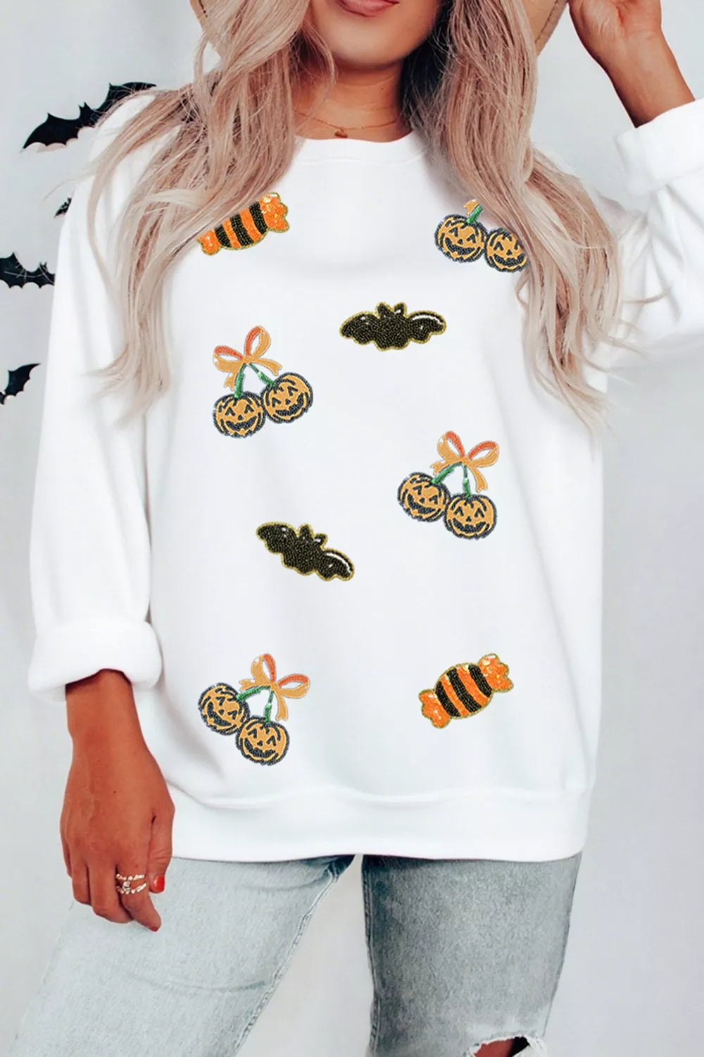 Sequin Halloween Pattern Pullover Sweatshirt in white, front view