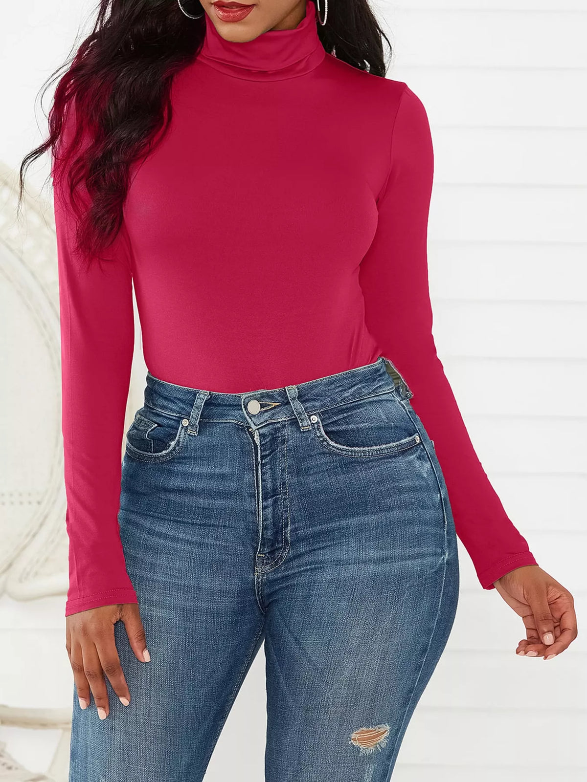 Long Sleeve Turtleneck Slim-Fit Bodysuit in red