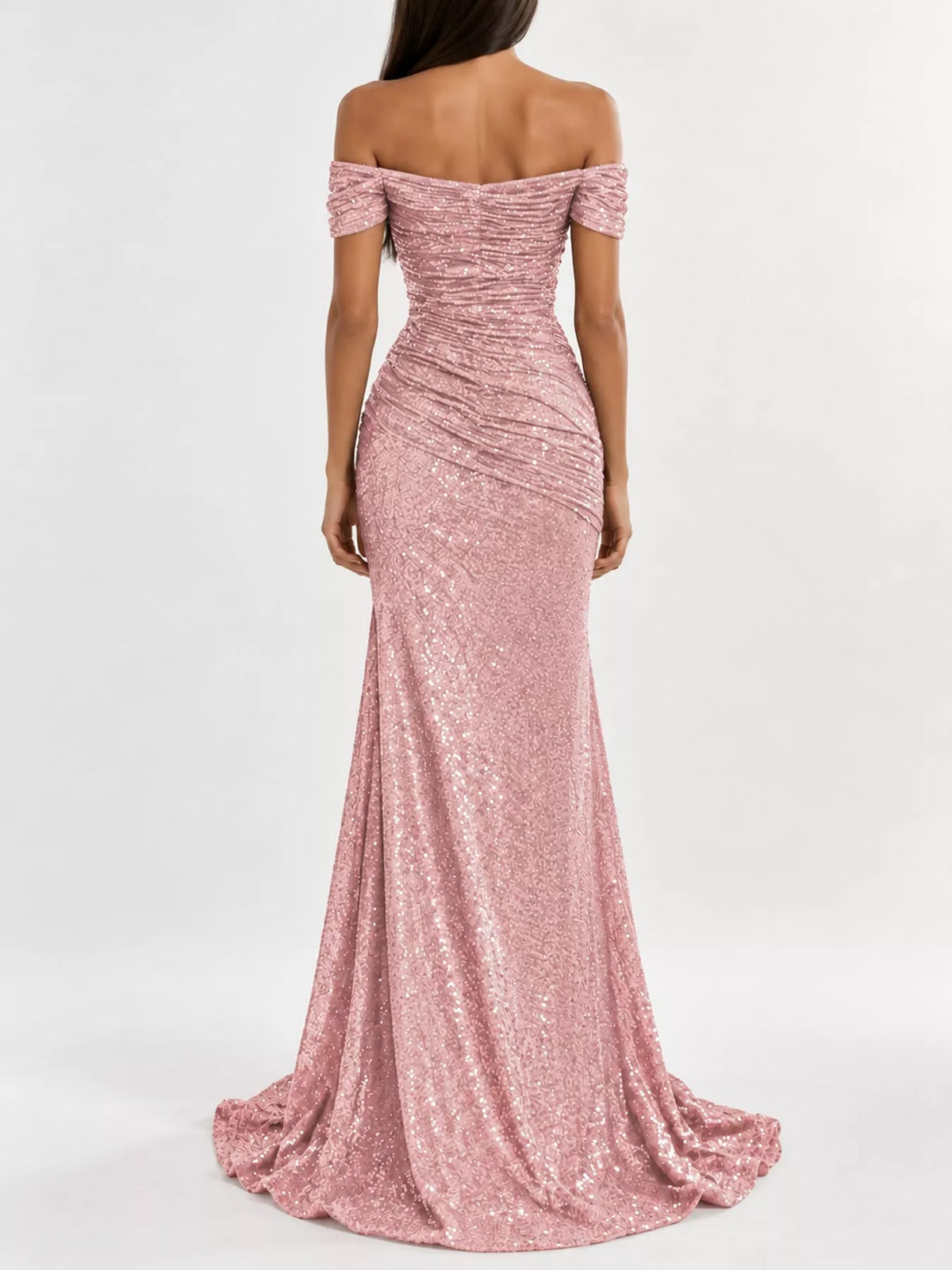 Off-shoulder short sleeve maxi dress, back view