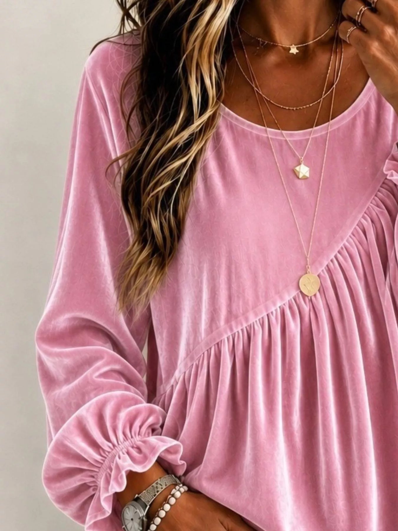 Trendsi Full Size Velvet Round Neck Long Sleeve Blouse Plus Size -