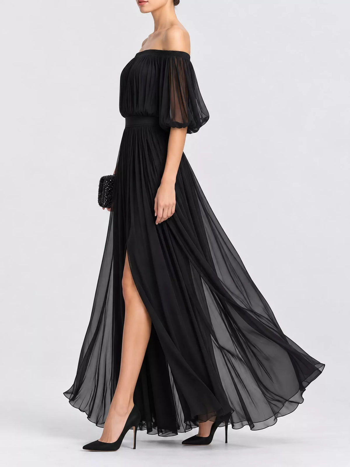 Black off shoulder ruched chiffon maxi dress, side view
