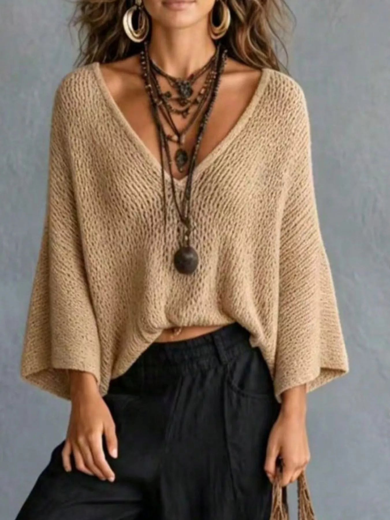Trendsi V-Neck Batwing Sleeve Sweater -
