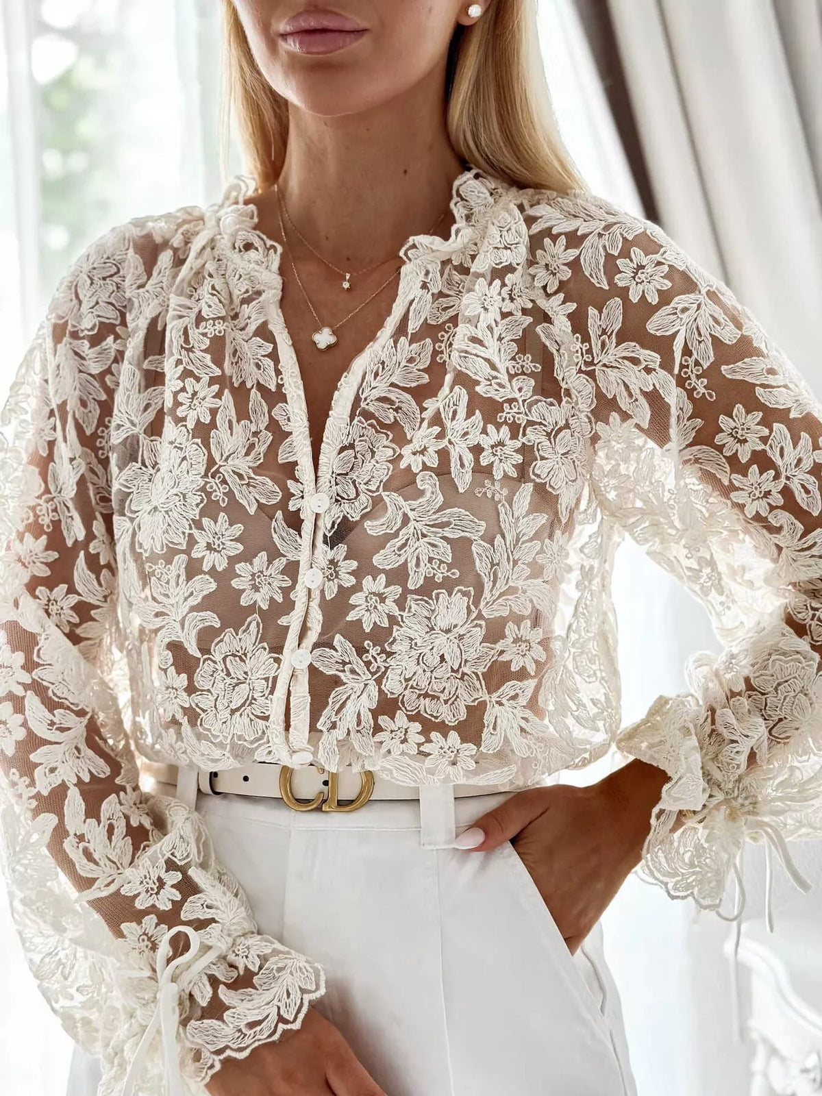 Cream sheer floral lace long sleeve shirt