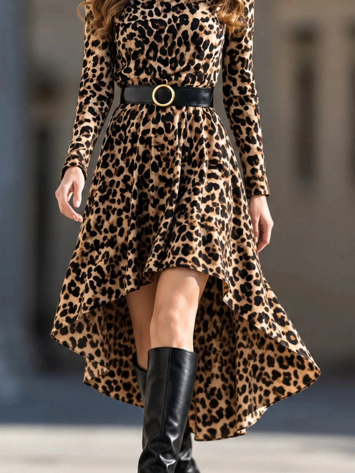 Brown and black leopard-print high-low long sleeve dress