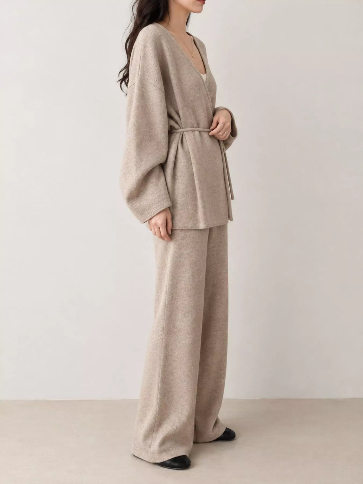 V-Neck Tied Wrap Cardigan and Wide-Leg Pants Sweater Set — side view