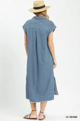 Trendsi Umgee Pinstripe Denim Collared Midi Dress with Side Slits -