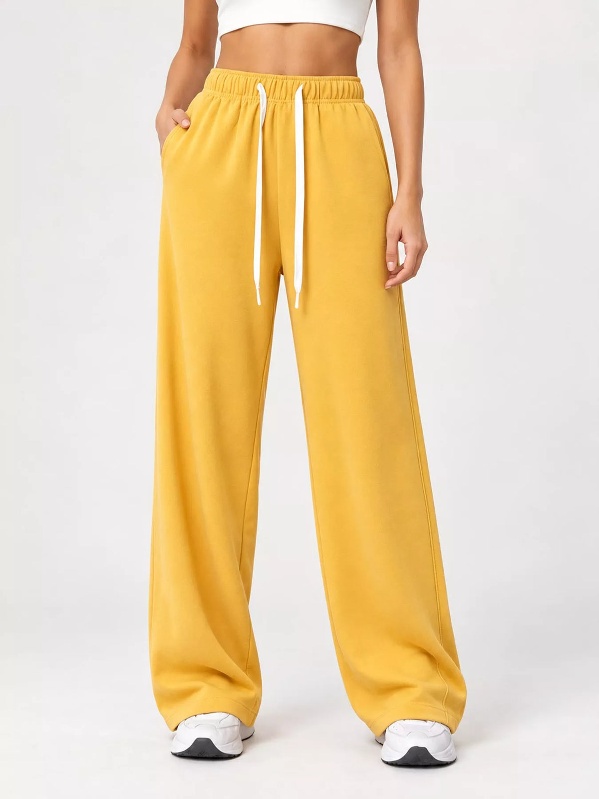 Yellow wide-leg pants with drawstring
