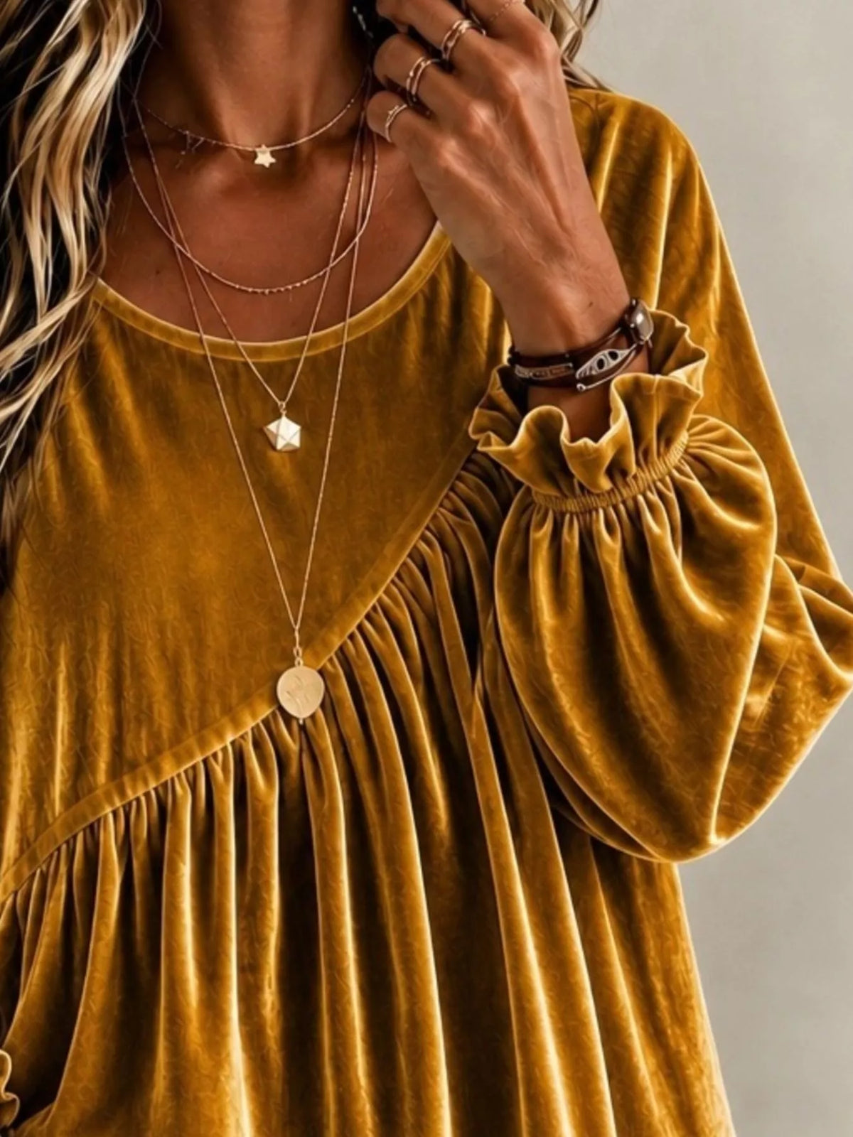 Trendsi Full Size Velvet Round Neck Long Sleeve Blouse Plus Size -