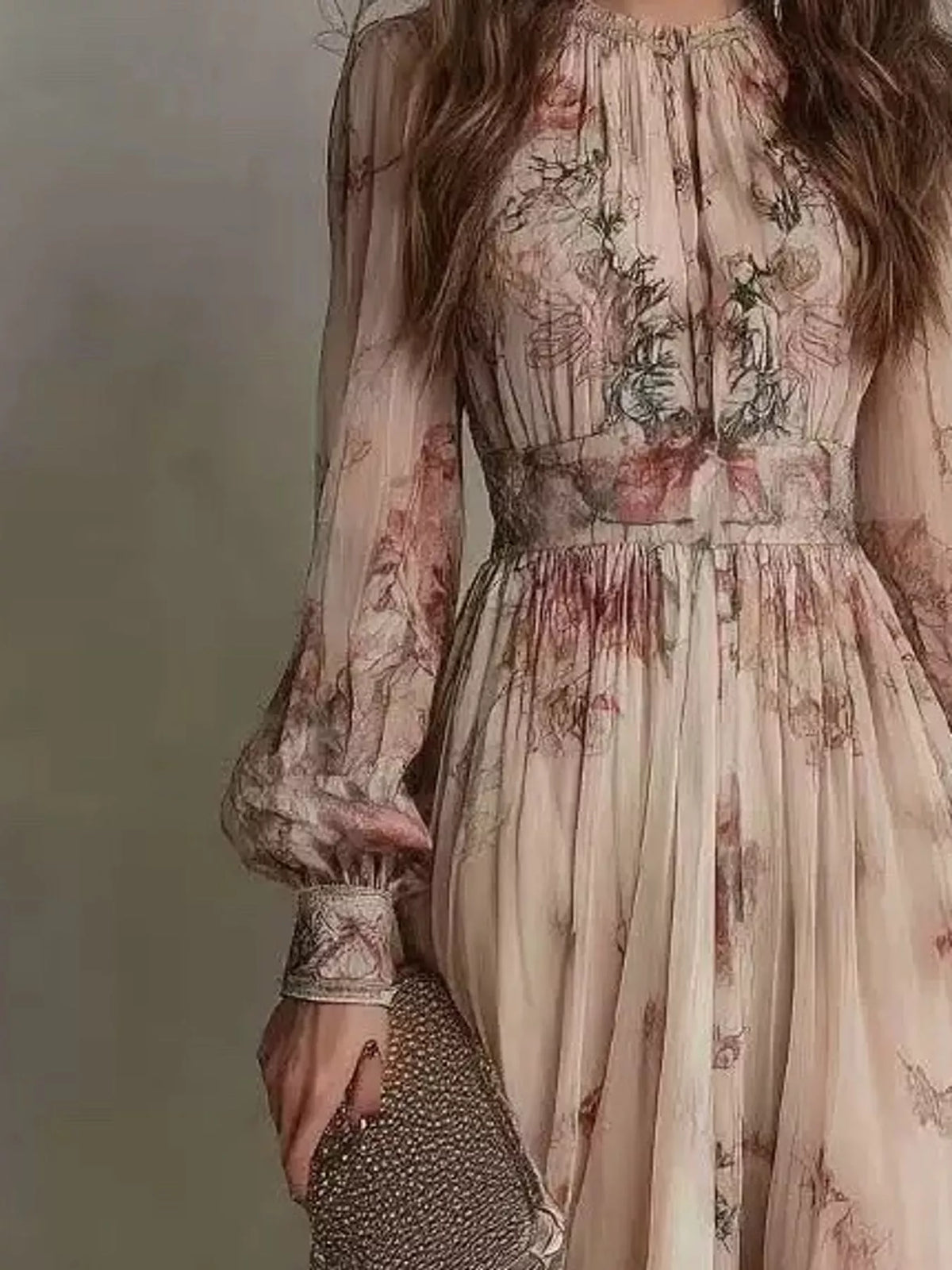 Beige floral print maxi dress, high neckline, gathered waist, and balloon sleeve cuffs